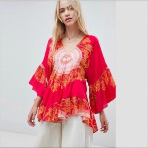 Free People Sunset Dreams Top Flare Sleeve Red Festival Boho Oversized V Neck